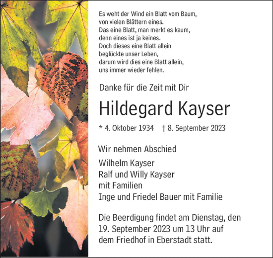 Traueranzeige von Hildegard Kayser von Darmstädter Echo