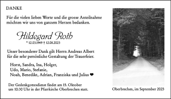 Traueranzeige von Hildegard Roth von Camberger Anzeiger