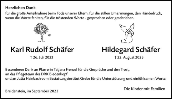 Traueranzeige von Hildegard Schäfer von Hinterländer Anzeiger
