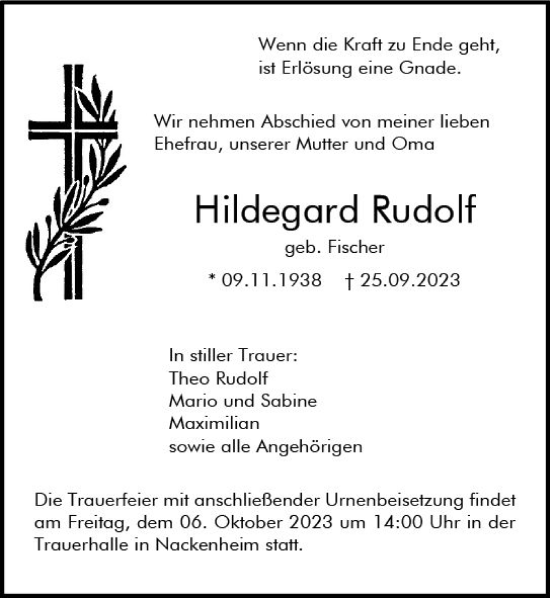 Traueranzeige von Hildegard Rudolf Fischer von Allgemeine Zeitung Mainz