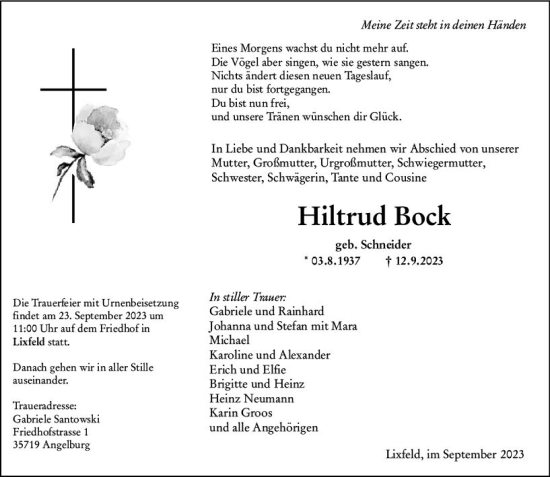 Traueranzeige von Hiltrud Bock von Hinterländer Anzeiger