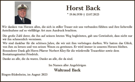 Traueranzeige von Horst Back von Bingen/Ingelheim WOBL inkl. Neue Binger Ztg.