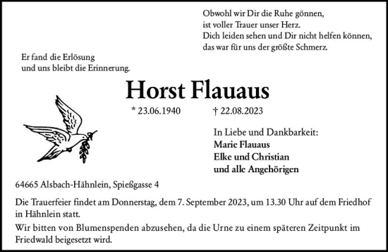 Traueranzeige von Horst Flauaus von Darmstädter Echo