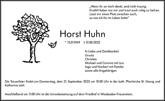 Traueranzeige von Horst Huhn von Wiesbadener Kurier