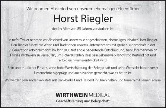 Traueranzeige von Horst Riegler von Darmstädter Echo