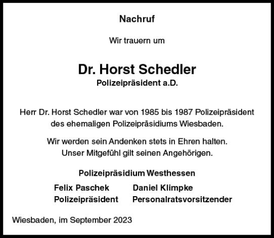 Traueranzeige von Horst Schedler von Wiesbadener Kurier