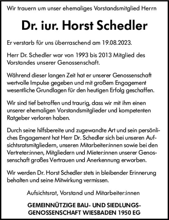 Traueranzeige von Horst Schedler von Wiesbadener Kurier