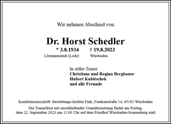 Traueranzeige von Horst Schedler von Wiesbadener Kurier