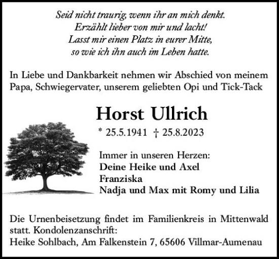 Traueranzeige von Horst Ullrich von Wiesbadener Kurier