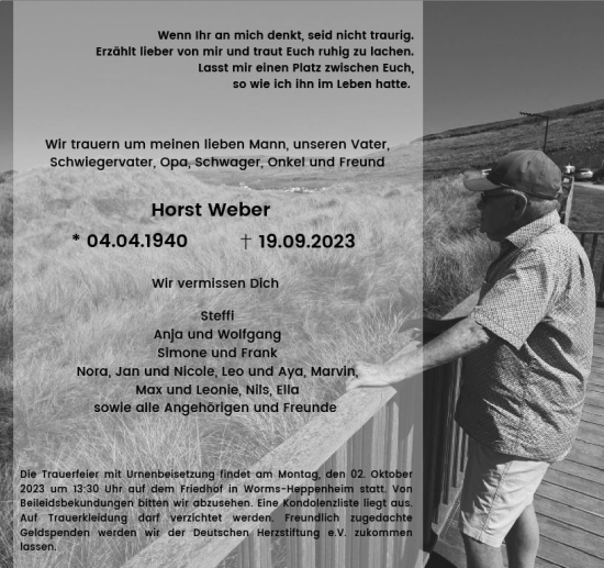 Traueranzeige von Horst Weber von Wormser Zeitung