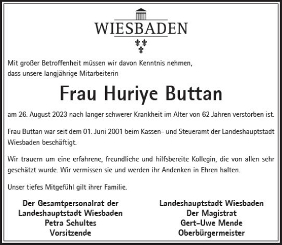 Traueranzeige von Huriye Buttan von Wiesbadener Kurier