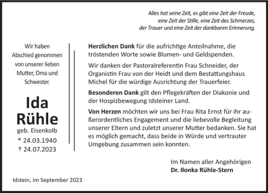 Traueranzeige von Ida Rühle von Idsteiner Land/Untertaunus