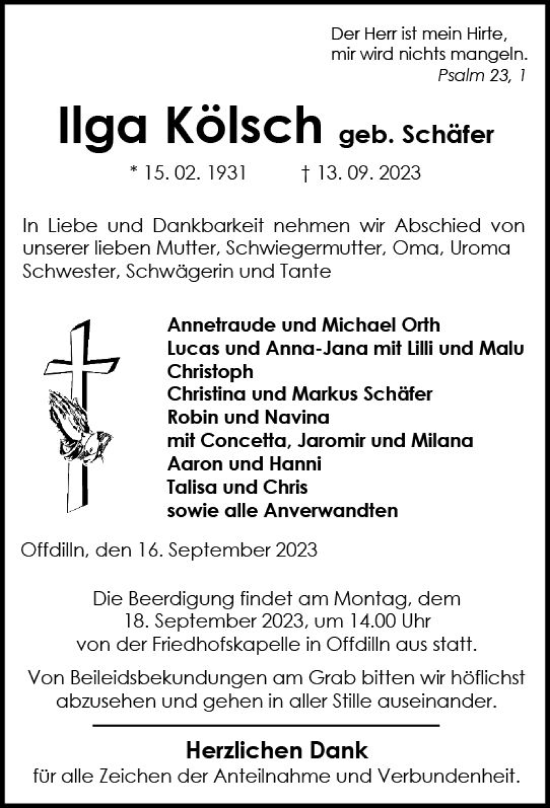 Traueranzeige von Ilga Kölsch von Dill Block