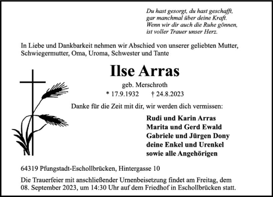 Traueranzeige von Ilse Arras von Darmstädter Echo