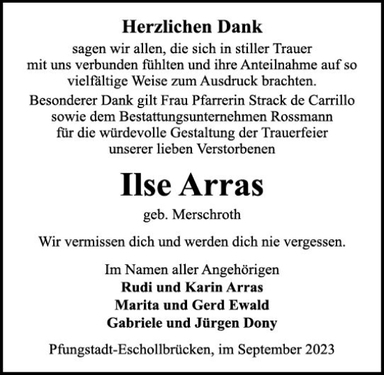 Traueranzeige von Ilse Arras von Darmstädter Echo