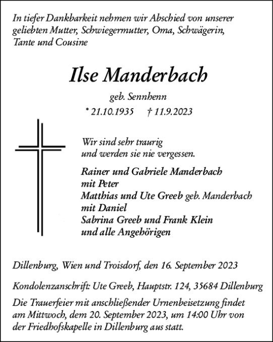 Traueranzeige von Ilse Manderbach von Dill Block