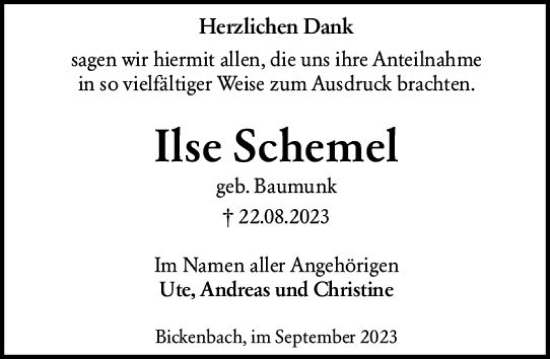 Traueranzeige von Ilse Schemel von Darmstädter Echo