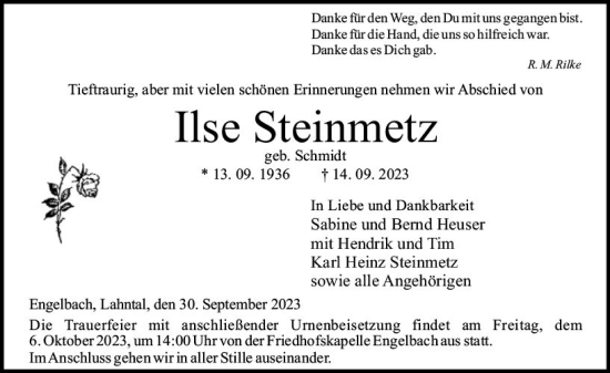 Traueranzeige von Ilse Steinmetz von Hinterländer Anzeiger