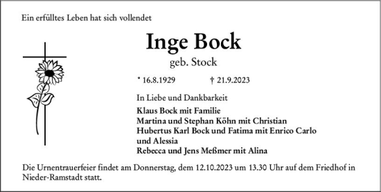 Traueranzeige von Inge Bock von Darmstädter Echo