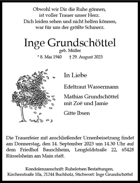 Traueranzeige von Inge Grundschöttel von Rüsselsheimer Echo