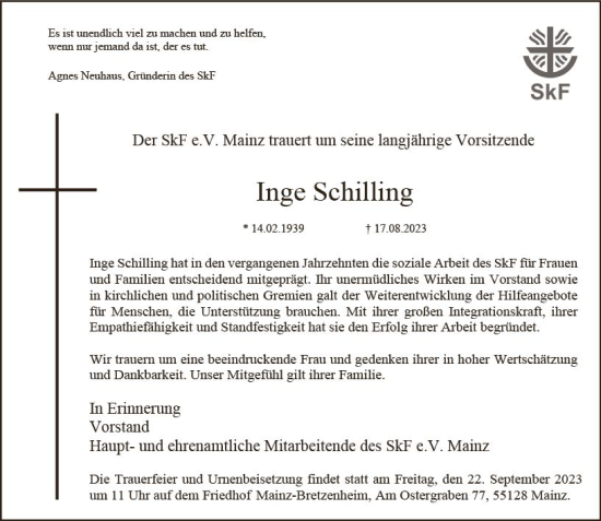 Traueranzeige von Inge Schilling von Allgemeine Zeitung Mainz