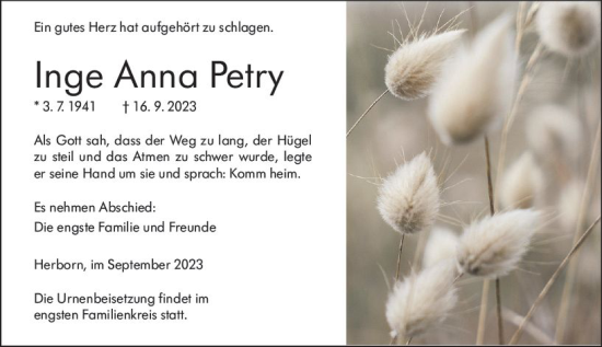 Traueranzeige von Inge Anna Petry von Dill Block