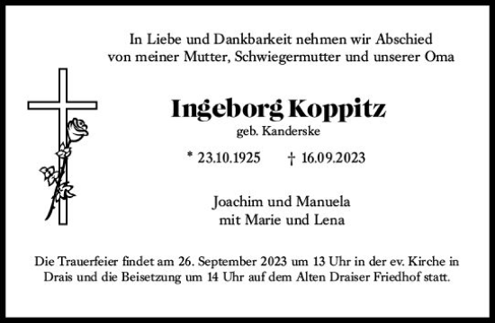 Traueranzeige von Ingeborg Koppitz von Allgemeine Zeitung Mainz
