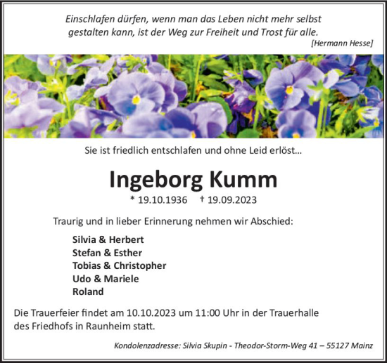 Traueranzeige von Ingeborg Kumm von Rüsselsheimer Echo