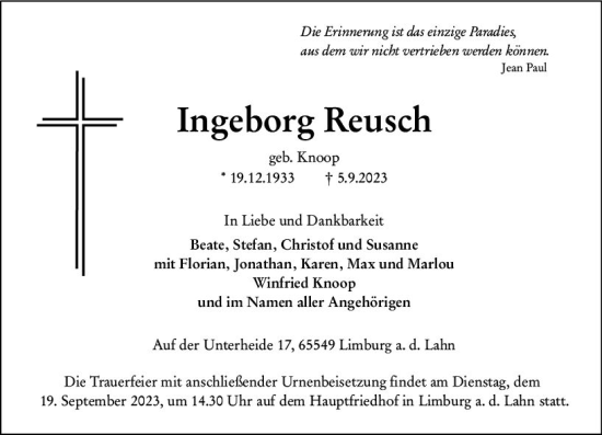 Traueranzeige von Ingeborg Reusch von Nassauische Neue Presse