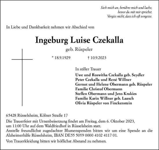 Traueranzeige von Ingeburg Luise Czekalla von Rüsselsheimer Echo