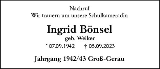 Traueranzeige von Ingrid Bönsel von Groß-Gerauer Echo
