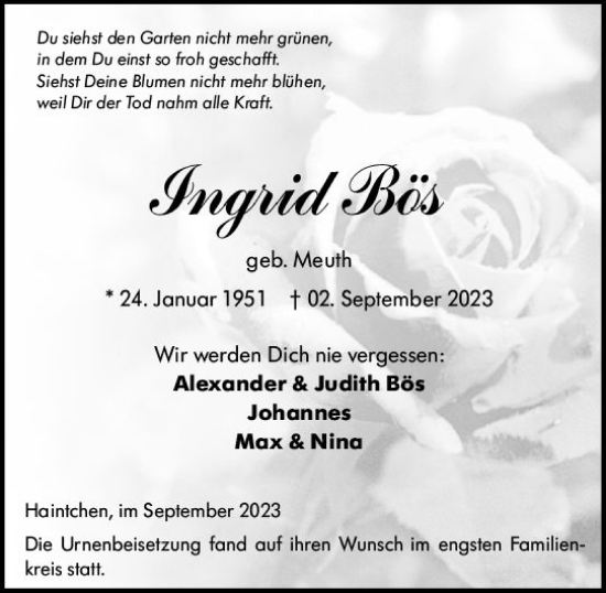 Traueranzeige von Ingrid Bös von Camberger Anzeiger