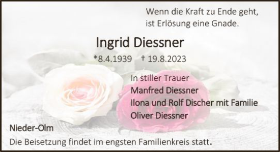 Traueranzeige von Ingrid Diessner von Allgemeine Zeitung Mainz