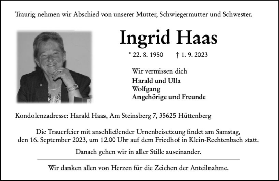 Traueranzeige von Ingrid Haas von Wetzlarer Neue Zeitung