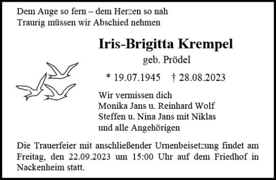 Traueranzeige von Iris-Brigitta Krempel von Allgemeine Zeitung Mainz