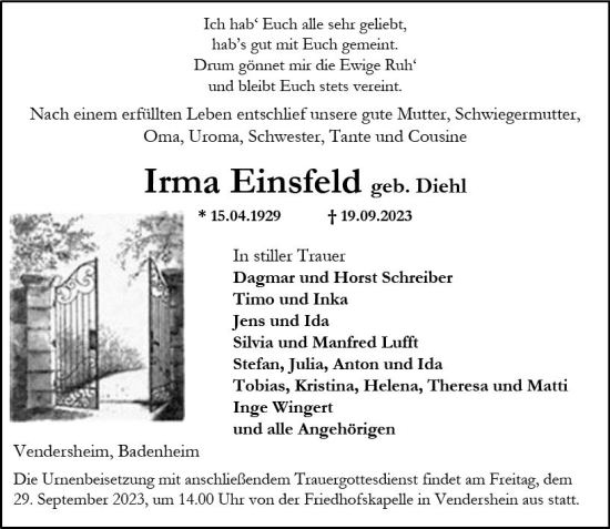 Traueranzeige von Irma Einsfeld von Allgemeine Zeitung Alzey