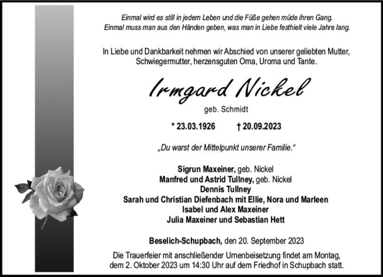 Traueranzeige von Irmgard Nickel von Weilburger Tageblatt