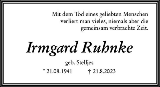 Traueranzeige von Irmgard Ruhnke von Wiesbadener Kurier