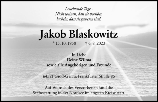 Traueranzeige von Jakob Blaskowitz von Groß-Gerauer Echo