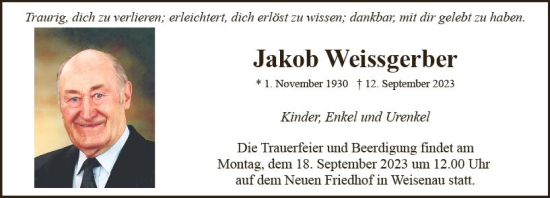 Traueranzeige von Jakob Weissgerber von Allgemeine Zeitung Mainz