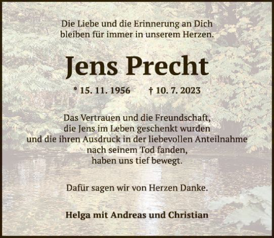 Traueranzeige von Jens Precht von Allgemeine Zeitung Bingen/Ingelheim