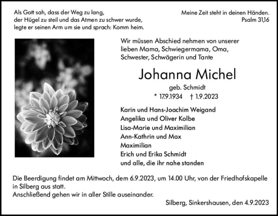 Traueranzeige von Johanna Michel von Hinterländer Anzeiger