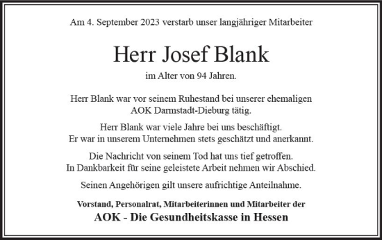 Traueranzeige von Josef Blank von Dieburger Anzeiger/Groß-Zimmerner Lokal-Anzeiger