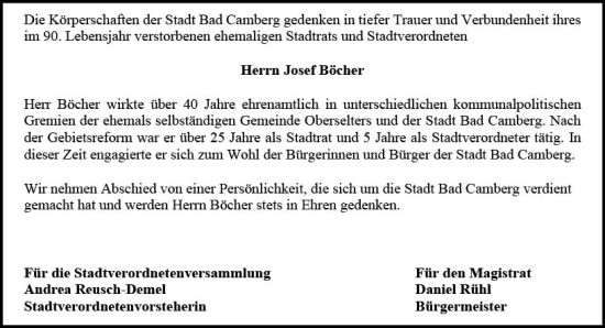 Traueranzeige von Josef Böcher von Camberger Anzeiger