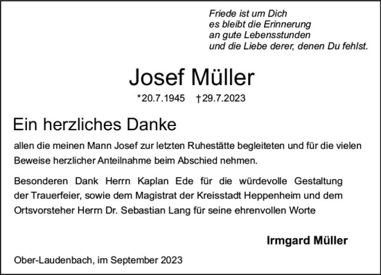 Traueranzeige von Josef Müller von Starkenburger Echo