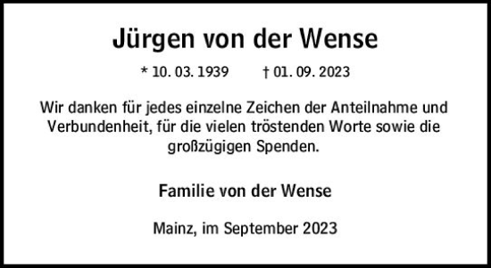 Traueranzeige von Jürgen von der Wense von Allgemeine Zeitung Mainz