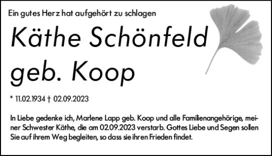 Traueranzeige von Käthe Schönfeld von Groß-Gerauer Echo