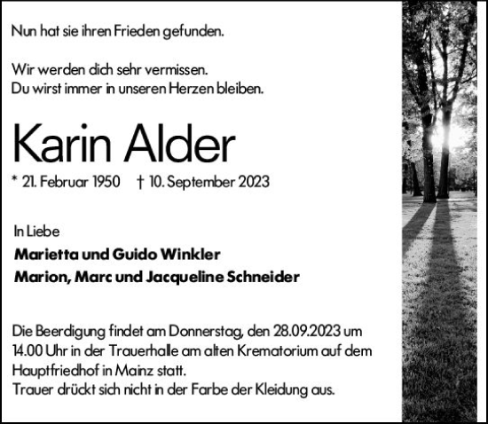 Traueranzeige von Karin Alder von Allgemeine Zeitung Mainz