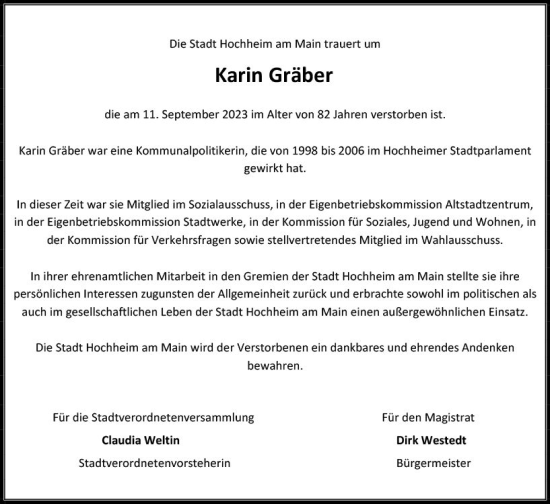 Traueranzeige von Karin Gräber von Hochheimer Zeitung