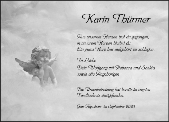 Traueranzeige von Karin Thürmer von Allgemeine Zeitung Bingen/Ingelheim